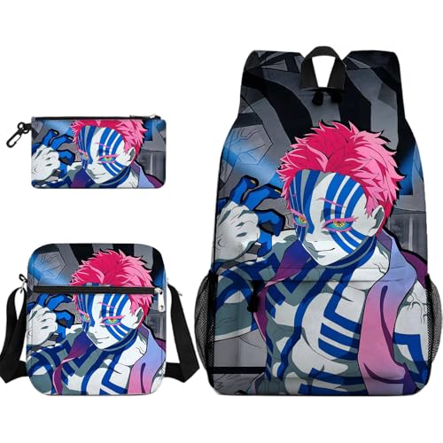 Tongyundacheng Rengoku Kyoujurou Rucksack Kamado Nezuko Bleistifttasche Kamado Tanjiro Schultertasche Kimetsu No Yaiba Merch Anime Schulbedarf für Schüler (3 Stück), Akaza, 30x13x40cm von Tongyundacheng