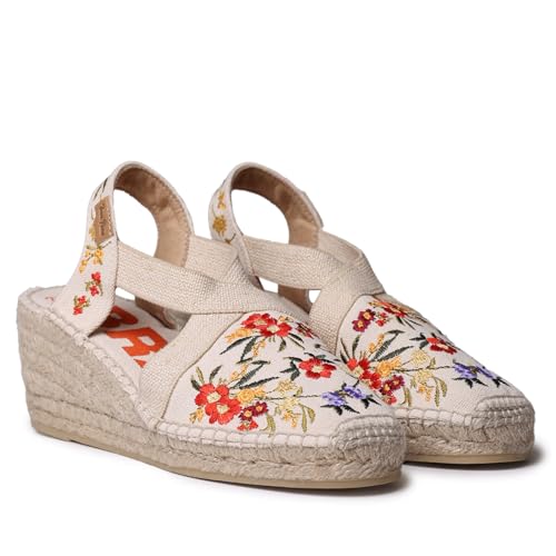 Toni Pons Damen Keilsandaletten MONTJOI Beige Bunt Textil Blumenstickerei, Größe:39, Farbauswahl:beige-kombi von Toni Pons