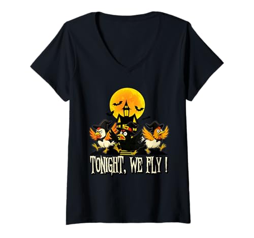 Damen Tonight We Fly Funny Chicken Witches Halloween Humor T-Shirt mit V-Ausschnitt von Tonight We Fly Chicken Witch Funny Halloween Tee