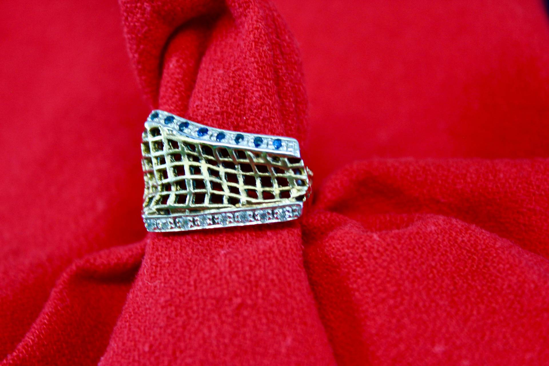 Lady Sterling Silber Und 18K Vermeil Goldplatte Ebnen "Cz Saphir Offener Korb Designer Kabriski Ring Lady Sterling Silber Und 18K Vermeil Goldplatte Ebnen "Cz Saphir Offener Korb Designer Kabriski Ring von TonisSouthernJewels