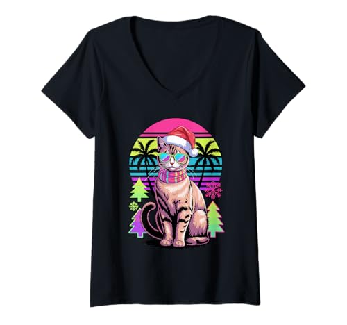 Damen Christmas Synthwave Tonkinese Cat Sunglasses Tonks T-Shirt mit V-Ausschnitt Damen Christmas Synthwave Tonkinese Cat Sunglasses Tonks T-Shirt mit V-Ausschnitt von Tonkinese Cat Lover Gifts