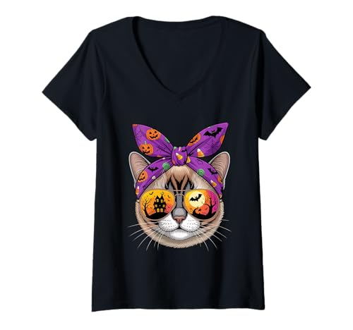 Damen Halloween Tonkinese Cat Bandana Tonks T-Shirt mit V-Ausschnitt Damen Halloween Tonkinese Cat Bandana Tonks T-Shirt mit V-Ausschnitt von Tonkinese Cat Lover Gifts