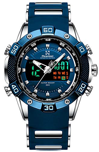 youwen Herren-Armbanduhr, Sport, Chronograph, wasserdicht, Militär, multifunktional, mit Gummiband, Blau, Armband von Tonnier