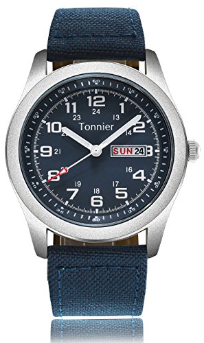 Tonnier Herren Weekender & Kalender Analog Canvas Strap Mans Uhren, blau, Gurt von Tonnier