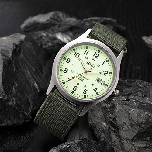 Damen Herren Uhren mit Canvas Armband Edelstahl Datum Military Sport Herren Canvas Band Uhr Quarz Stahl Handgelenk Armee Herrenuhr Armbanduhr Mädchen Glitzer (Light Green #3, One Size) von Tonsee Accessoire