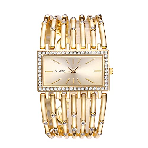 Damenband Ansehen Kunststoffarmband Modische Rhinestone-Damen-Stahlarmband-Uhr-Art- und Weiseeuropa und die Vereinigten Staaten Art-Quarz-Quadrat-weibliche Damen Retro Armbanduhr (Gold, One Size) von Tonsee Accessoire