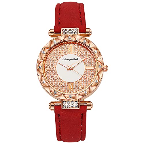 Edelstahlarmband Uhr für Herren Herren Armbanduhr Frauen-Uhr-Damen voller Diamanten Lederband-Quarz-Armbanduhr weibliche moderne einfache Uhr Digitaluhr Damen Wasserdicht farben Katze (Red, One Size) von Tonsee Accessoire