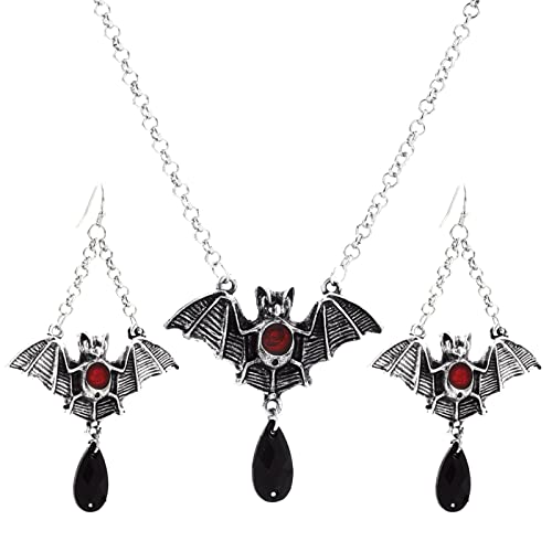 Halloween Fledermaus Halskette Ohrringe für Frauen Halloween Horror Schwarz Rot Anhänger Halskette Ohrringe Lustige Halskette Ohrringe Set für Frauen Errötendes Perlenschmuckset (Black-b, One Size) von Tonsee Accessoire