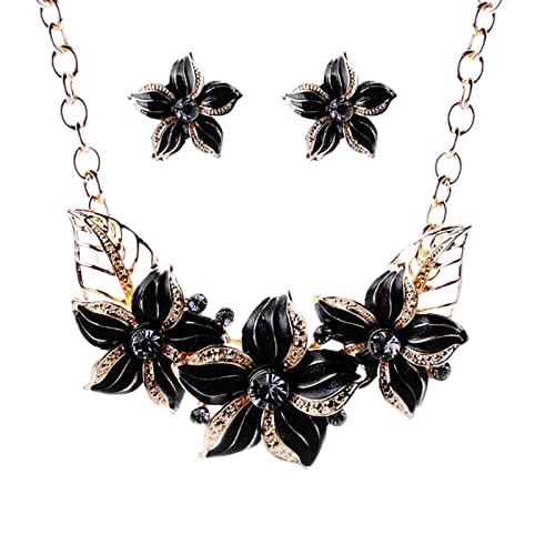 Tonsee Accessoire Halsband Schmuck Damen Blumen-Set Öl-Set Öl-Tropfen-Halsketten-Malerei-Kurze Schlüsselbein-Strass-Ketten-Ohrring-Ketten-Schmuck-Sets Schmuckkordel (Black-b, One Size) von Tonsee Accessoire