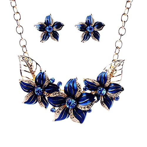 Tonsee Accessoire Halsband Schmuck Damen Blumen-Set Öl-Set Öl-Tropfen-Halsketten-Malerei-Kurze Schlüsselbein-Strass-Ketten-Ohrring-Ketten-Schmuck-Sets Schmuckkordel (Blue-b, One Size) von Tonsee Accessoire