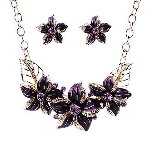 Tonsee Accessoire Halsband Schmuck Damen Blumen-Set Öl-Set Öl-Tropfen-Halsketten-Malerei-Kurze Schlüsselbein-Strass-Ketten-Ohrring-Ketten-Schmuck-Sets Schmuckkordel (Purple-b, One Size) von Tonsee Accessoire