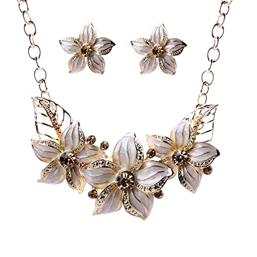 Tonsee Accessoire Halsband Schmuck Damen Blumen-Set Öl-Set Öl-Tropfen-Halsketten-Malerei-Kurze Schlüsselbein-Strass-Ketten-Ohrring-Ketten-Schmuck-Sets Schmuckkordel (White-b, One Size) von Tonsee Accessoire