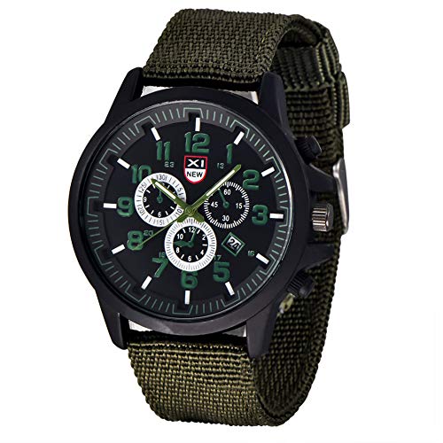 Herren Analog Quarz Armbanduhr Sport Herren Canvas Sport-Armband-Armee-Herren-Edelstahl-Uhr-Stahl-Militär-Analog-Quarz-Datums-Herrenuhr Fitness Armbanduhr Wickelarmband (2-Green, One Size) von Tonsee Accessoire