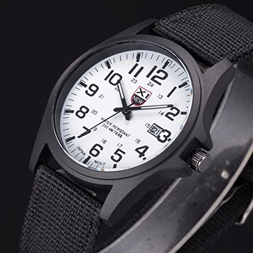 Herren Armbanduhr Kalender LED Licht Canvas Stoff Band Analog Militärarmee Stahl Sport Edelstahl Quarz Herren Datum Outdoor Armbanduhr Damen Digitaluhr Wasserdicht Elastisch (White-C, One Size) von Tonsee Accessoire