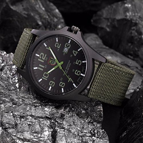 Herren Armbanduhr Kalender LED Licht Canvas Stoff Band Quarzuhr Military Outdoor Wrist Edelstahl Sport Herren Stahl Analog Datum Herrenuhr Armbanduhr Breit Herren Zugband (2-Green, One Size) von Tonsee Accessoire