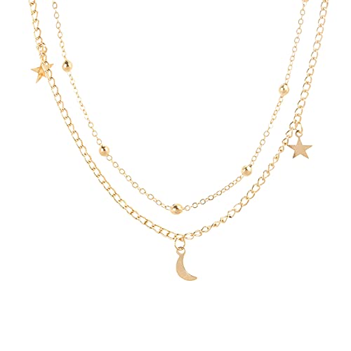 Leder Fransen Anhänger Mond Stern Pailletten Mehrschichtige Halskette Anhänger Halskette Damen Anhänger Damen Halskette Geburtstagsgeschenke Mutter Frau Mehrere Ketten Ineinander (Gold, One Size) von Tonsee Accessoire