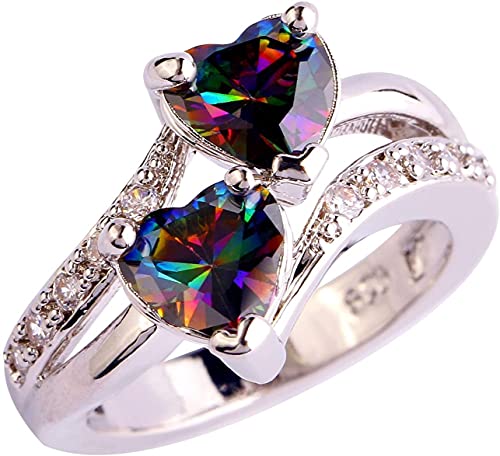 Tonsee Accessoire Ringe Der Compatible with Macht Teaser Frauen-Verlobungs-Herz-Doppelring-Mädchen-Ring-Regenbogen-ewige Ringe Damen Ringe Silber Breit (Seven Colors, 7) von Tonsee Accessoire