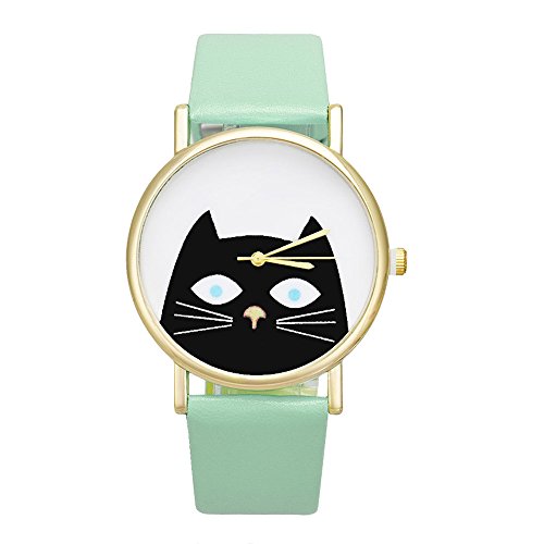 Tonsee Accessoire Damen Analog Quarz Uhr Banduhr Leder Analog Herren Grün Quarz Damen Katze Handgelenk Zifferblatt Damenuhr Damen Digitaluhr Retro (Green #3, One Size) von Tonsee Accessoire