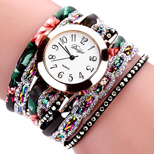 Tonsee Accessoire Damen Analog Quarz Uhr Uhr-Luxusarmbanduhr-Blumen-Frauen-Quarz-Edelstein-Uhr-Uhr der populären Armband-Frauen Armbanduhr Breit Herren Nachhaltig (Black-c, One Size) von Tonsee Accessoire