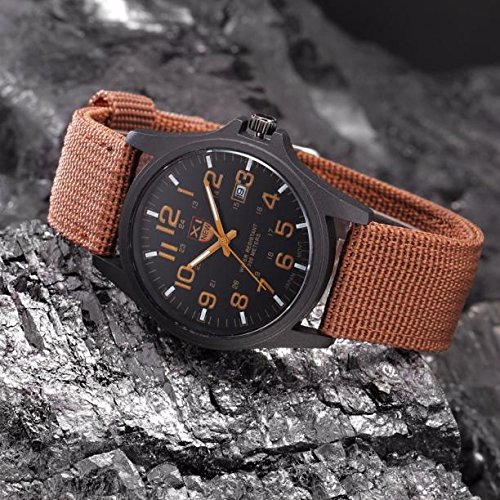 Tonsee Accessoire Damen Herren Uhren mit Canvas Armband Uhr Military Outdoor Armee Sport Stahl Analog Edelstahl Quarz Herren Datum Handgelenk Herrenuhr Für Kinder Mit Alarm (Brown-c, One Size) von Tonsee Accessoire