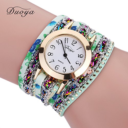 Tonsee Accessoire Damen Retro Armbanduhr Frauen-Uhr-Uhr-Edelstein-Blumen-populäre Luxusarmband-Armbanduhr-Quarz-Frauen-Uhr Sportuhr Vintage Retro (Green-C, One Size) von Tonsee Accessoire