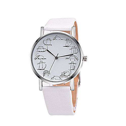 Tonsee Accessoire Herren Uhr Männer Edelstahl Leather Comic Quarz Anatives Band Handgelenk Katzenlegierungen Design Uhr Herrenuhr Damenband Ansehen Uhren Schmuck (White, One Size) von Tonsee Accessoire