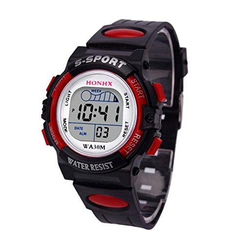 Tonsee Accessoire Herren-Uhre LED-Uhr Wasserdichtes Geschenk Sport Kinder Jungen Datum Kinder Digitaluhr Alarm Herrenuhr Armbanduhr Damen Holzoptik (Red, One Size) von Tonsee Accessoire