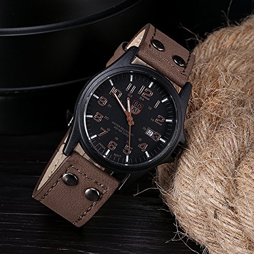 Tonsee Accessoire Herrenuhr Casual Multifunktion Vintage Herren wasserdicht Datum Lederband Sport Quarz Armee Uhr Ansehen Für Kinder Rot (Brown, One Size) von Tonsee Accessoire