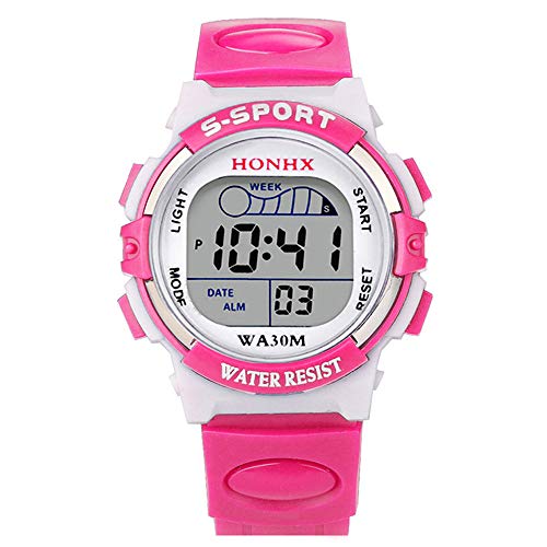 Tonsee Accessoire Kinder Armbanduhr WeiB Leder Uhr Sport Datum Alarm Geschenkuhr Digital LED Kinder wasserdicht Jungen Kinder Kinderuhr Armbanduhr Lünette (Hot Pink, One Size) von Tonsee Accessoire