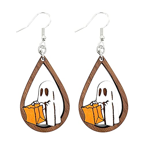 Tonsee Accessoire Ohrringe Damen Ohrstecker Gespenst-Tropfen-Ohrringe aus Holz Geschenk aus Holz Teardrop-Ohrringe Hängende hölzerne Teardrop-Kaninchen-Ohrringe Bulldogge Ohrringe (White-g, One Size) von Tonsee Accessoire