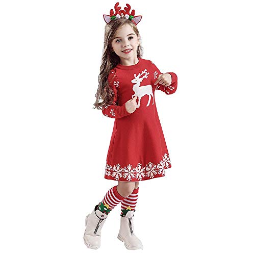 Tonsee Kinder Mädchen Weihnachten Strick Kleid mit Stirnband Prinzessin Langarm Kleider Strickpullover Partykleid Hochzeit Mode Ballkleid Abendkleid Herbst Winter Warme Festlich Kostüme (100, Rot) von Tonsee Bekldiung