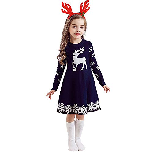 Tonsee Kinder Mädchen Weihnachten Strick Kleid mit Stirnband Prinzessin Langarm Kleider Strickpullover Partykleid Hochzeit Mode Ballkleid Abendkleid Herbst Winter Warme Festlich Kostüme (130, Navy) von Tonsee Bekldiung