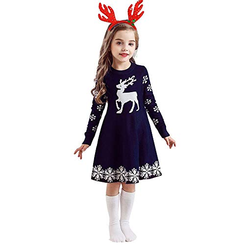 Tonsee Kinder Mädchen Weihnachten Strick Kleid mit Stirnband Prinzessin Langarm Kleider Strickpullover Partykleid Hochzeit Mode Ballkleid Abendkleid Herbst Winter Warme Festlich Kostüme (140, Navy) von Tonsee Bekldiung