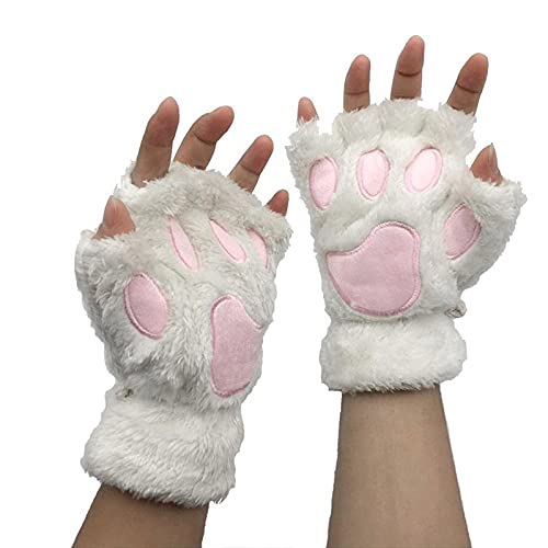 Tonsee Bekleidung 1 Paar Handschuhe Fingerlos Damen Mädchen Plüsch Halb Handschuhe Dicken Warmen Fingerhandschue Niedlich Cartoon Tier Bär Katze Krallen Fäustlinge Winterhandschuhe (Weiß) von Tonsee Bekleidung