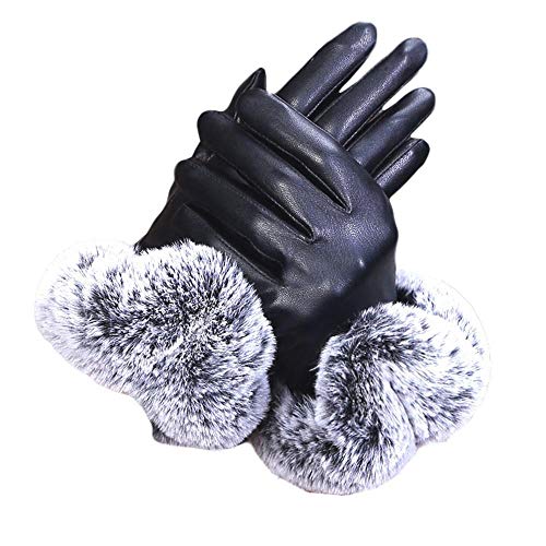 Tonsee Damen Leder Handschuhe Winter Warm Dicke Rabbit Touchscreen Handschuhe Klassische Fäustlinge Damen Kaninchenfell (Schwarz) von Tonsee Bekleidung