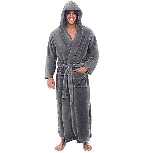 Tonsee Herren Bademäntel mit Kapuzen Saunamantel Weich Morgenmantel Kuschelfleece Mode Übergröße Lange Saugfähige Robe Fleece Schal Handtuch Wickeln Sleepyhead mit Gürtel und Taschen (4XL, Grau) von Tonsee Haushalt & Wohnen