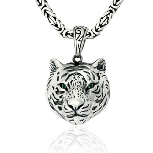 Tony Fein Tiger Kopf Anhänger 925er Sterling Silber Ösenbreite 7mm Massiv Zirkonia Stein Grün Geschwärzt Oxidiert Gestempelt für Damen und Herren Made in Italy von Tony Fein