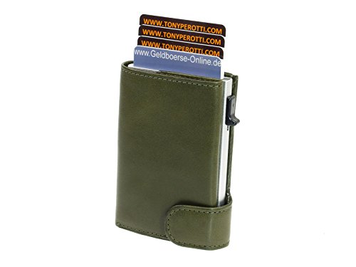Slim Aluminium Geldbörse mit Münzfach, TONY PEROTTI Vegetale Grün Leder RFID Schutz Kreditkartenetui Geldbeutel Portemonnaie Minibörse Minigeldbeutel Made in Italy Aluminium Kreditkartenhalter von Tony Perotti