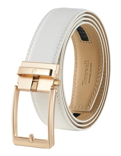 Tonywell Herren-Leder-Ratschengürtel, 3,5 cm, verstellbarer Kleidergürtel, passend zuschneidbar, Weißer Gürtel mit goldfarbener Schnalle, One Size Fits 32-45 Inches von Tonywell