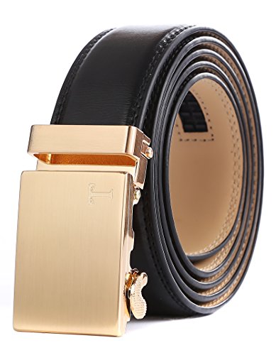 Tonywell Mens echtes Leder Ratsche Art und Weisegurt mit automatischer Wölbung (Eine Größe: 32 "- 45" Taille, Gold Metall Schnalle & Schwarz Leder) von Tonywell