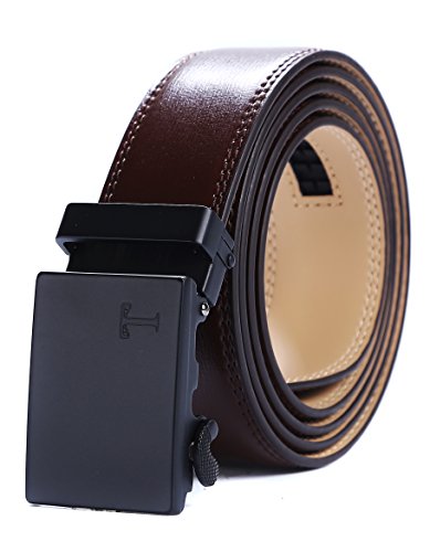 Tonywell Mens echtes Leder Ratsche Art und Weisegurt mit automatischer Wölbung (Eine Größe: 32 "- 45" Taille, Schwarz Metall Gürtelschnalle & Braun Leder) von Tonywell