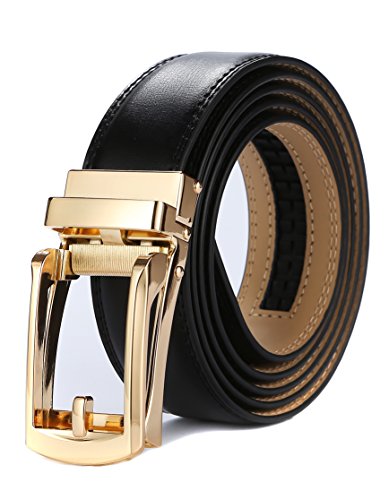 Tonywell herren leder ratschengurt mit neuem stil offene schnalle perfekte passform kleidgurt eine größe: 32"-45" waist black leather & gold metallschnalle von Tonywell