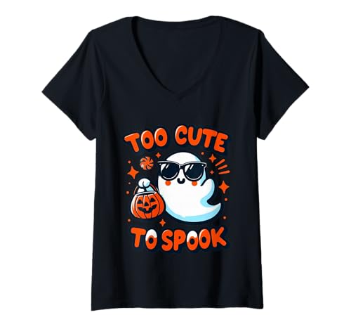 Damen Lustiger Kürbis-Merchandise mit Halloween-Geist, zu süß, um ihn zu erschrecken T-Shirt mit V-Ausschnitt Damen Lustiger Kürbis-Merchandise mit Halloween-Geist, zu süß, um ihn zu erschrecken T-Shirt mit V-Ausschnitt von Too Cute Halloween Spooky Merch