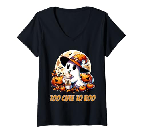 Damen Too Cute to Boo Ghost Lustiges Halloween-Kürbis-Design T-Shirt mit V-Ausschnitt Damen Too Cute to Boo Ghost Lustiges Halloween-Kürbis-Design T-Shirt mit V-Ausschnitt von Too Cute To Boo Adorable Ghost Halloween Humor