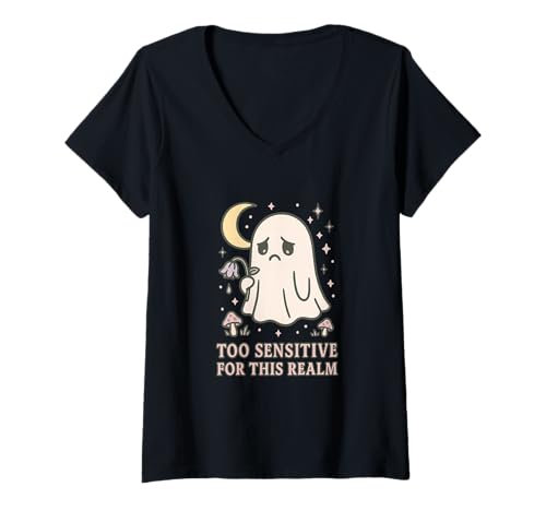 Damen Kawaii Sad Ghost Süße gruselige Mond-Ästhetik T-Shirt mit V-Ausschnitt Damen Kawaii Sad Ghost Süße gruselige Mond-Ästhetik T-Shirt mit V-Ausschnitt von Too Sensitive For This Realm Ghost Designs