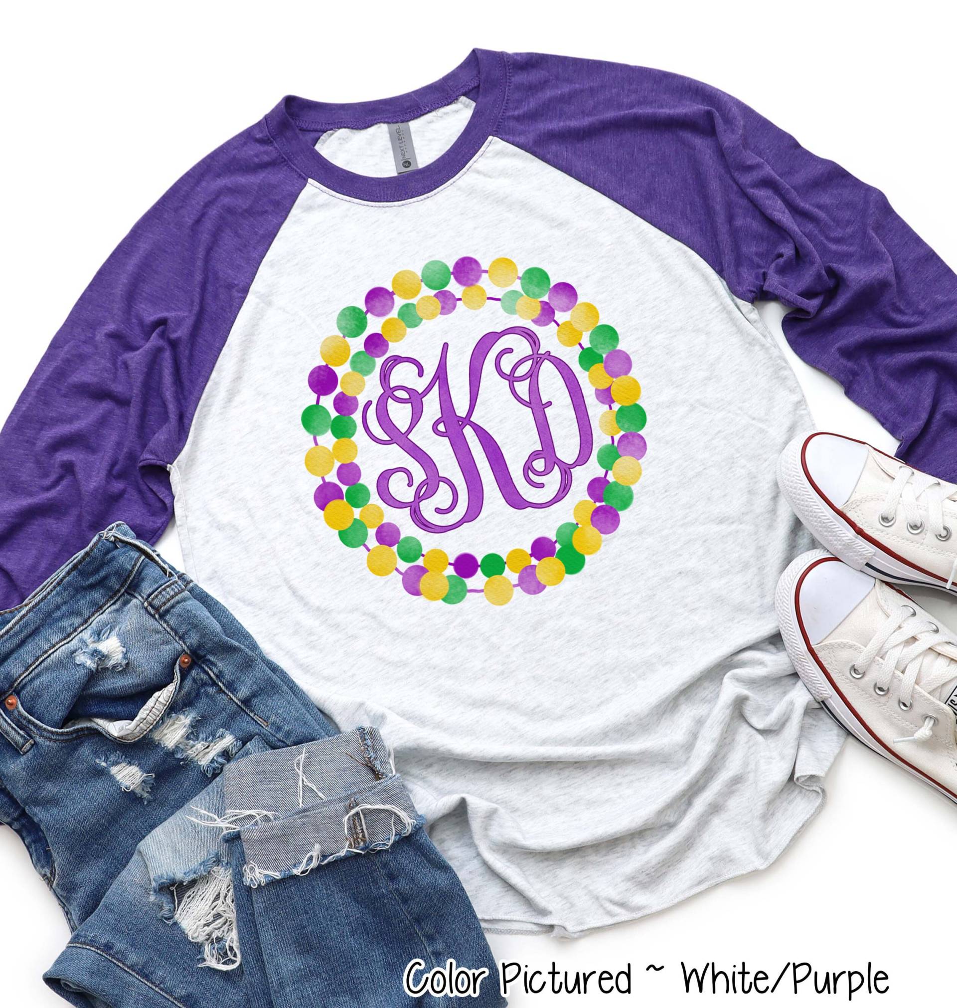 Monogramm Perlen Karneval Shirt, Personalisierte Party T-Shirt, Raglan Shirt Monogramm Perlen Karneval Shirt, Personalisierte Party T-Shirt, Raglan Shirt von TooCuteCustomDesign