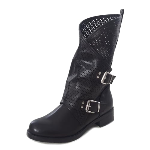 Toocool - Damen-Stiefel Bass Biker Boots Motorradfahrer Stiefeletten Schnallen SA9907, Yy6775 Schwarz, 41 EU von Toocool
