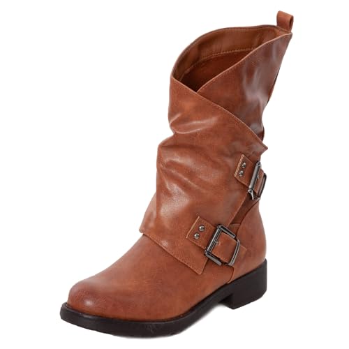 Toocool - Damen-Stiefel Biker Boots Motorradstiefel Schnallen SA9907, Braun - Camel - Größe: 39 EU von Toocool