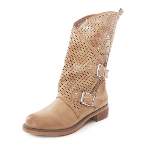 Toocool - Damen-Stiefel Biker Boots Motorradstiefel Schnallen SA9907, Braun - Yy6775 Beige - Größe: 37 EU von Toocool