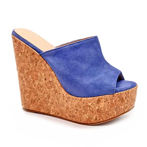 Toocool - Damenschuhe Keilabsatz Wildleder Kork High Heels Plateau CA128, Blau Pulver., 36 EU von Toocool